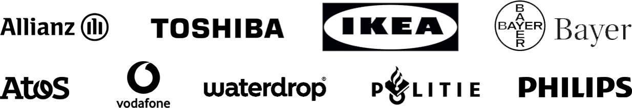 Kundenlogos: Allianz, Toshiba, IKEA, Bayer, Atos, Vodafone, Waterdrop, Politie, Philips